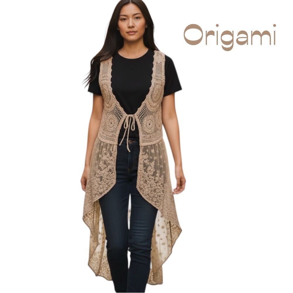 Origami Sheer Cream Crochet Floral Lace Long Vest Size L